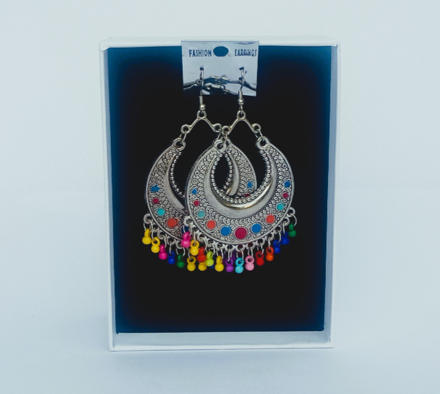 Desi festive wear earrings – silver-tone hoops with colorful embellishments